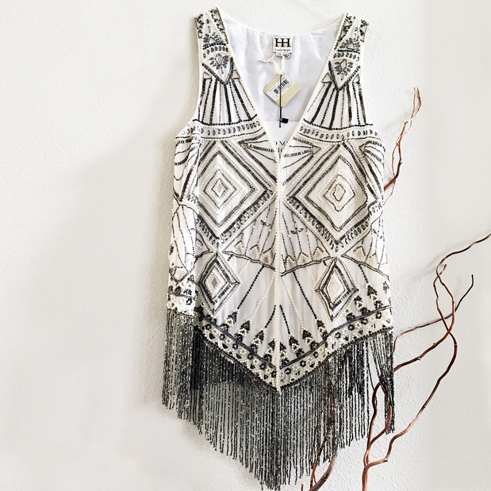 Haute Hippie Beaded Fringe Vest Swan White NWT